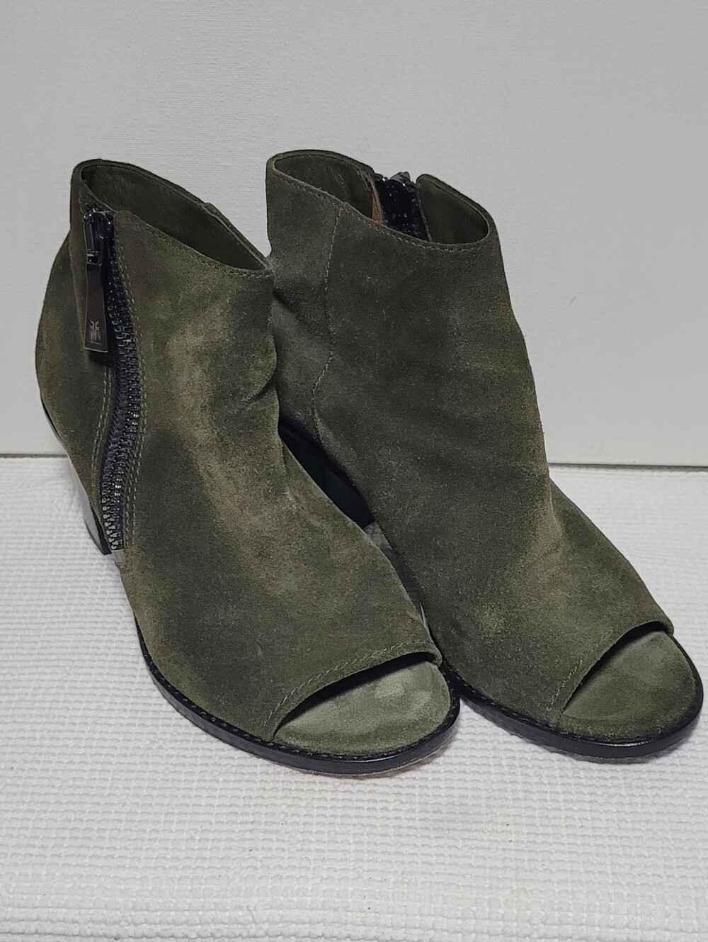 Fall-ready, Statement, Boho Frye Dark Olive Suede Ankle Boot With Open Peep Toe